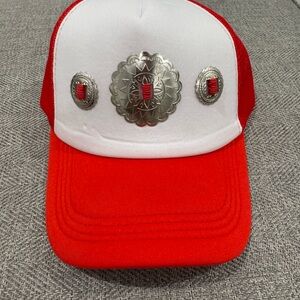 Red and White Trucker Hat with Silver Accents